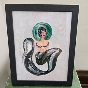 Original Mermaid Watercolor Painting on Canvas Paper Framed 9" X 11" - Trinity